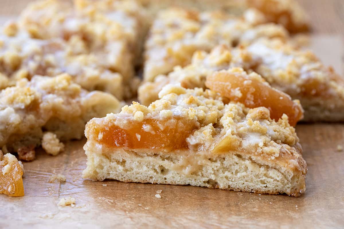 Close up of a Slice of Apple Dessert Pizza.