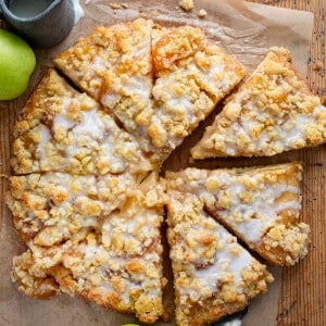 Overhead of Apple Dessert Pizza Cut Into Pieces.