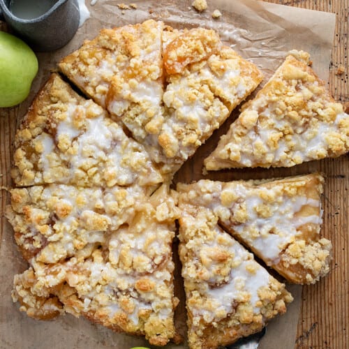 Overhead of Apple Dessert Pizza Cut Into Pieces.