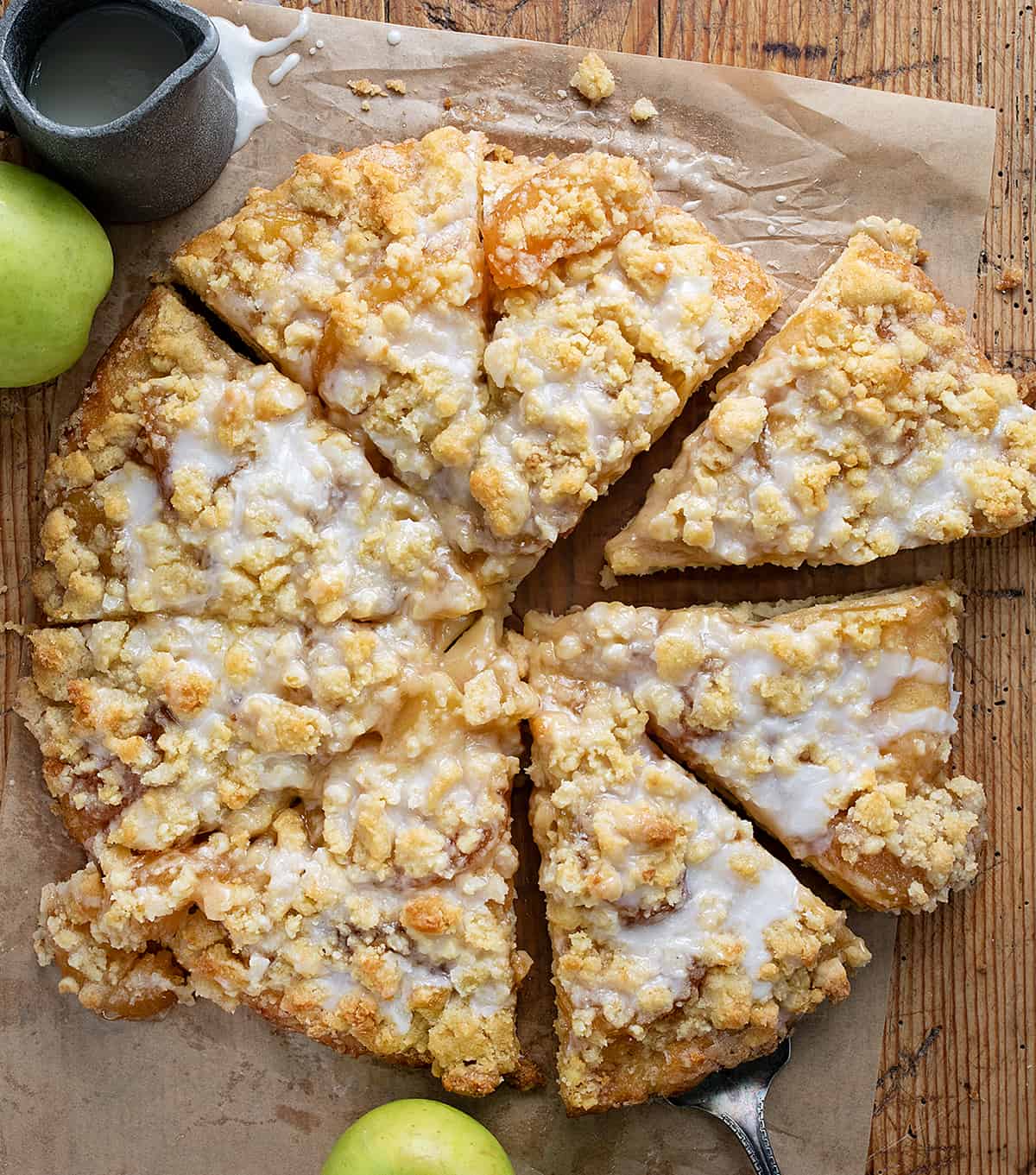 Overhead of Apple Dessert Pizza Cut Into Pieces.