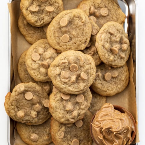 Overhead Image of Banana Peanut Butter Chip Cookies with Some Peanut Butter. Baking, Cookies, Cookie Exchange, Christmas Cookies, Banana Cookies, Peanut Butter Chip Cookies, How to Make Chewy Cookies, Soft Cookies, Elvis Cookies, Dessert, Cookie Recipes, i am baker, iambaker