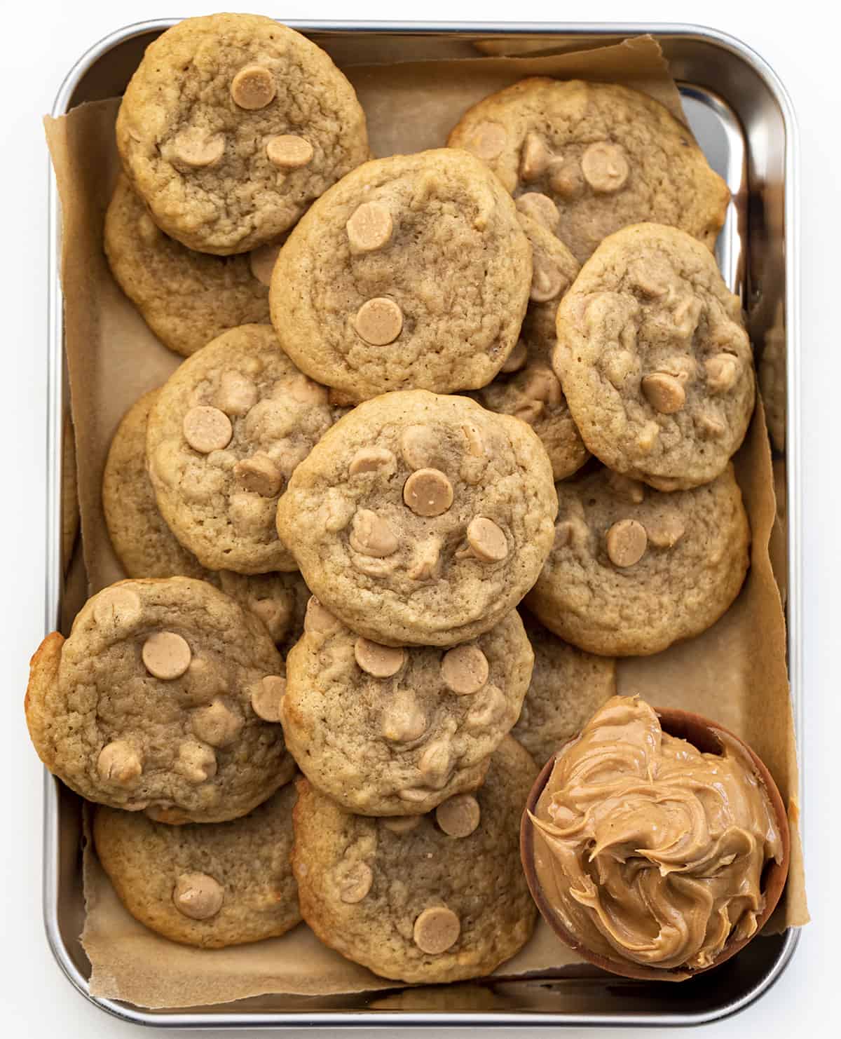 Overhead Image of Banana Peanut Butter Chip Cookies with Some Peanut Butter. Baking, Cookies, Cookie Exchange, Christmas Cookies, Banana Cookies, Peanut Butter Chip Cookies, How to Make Chewy Cookies, Soft Cookies, Elvis Cookies, Dessert, Cookie Recipes, i am baker, iambaker