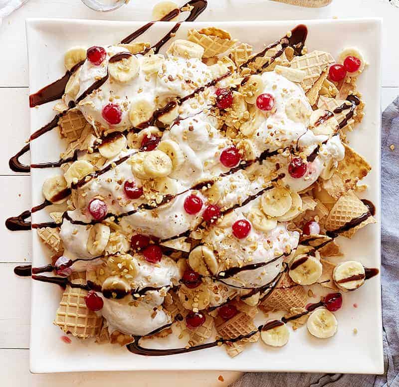 Drizzle chocolate, caramel, and nuts onto the Banana Split Nachos