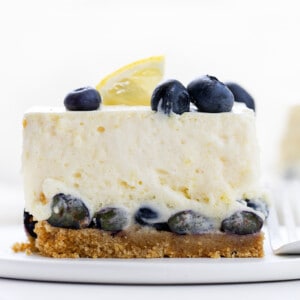 Plate with One Piece of Blueberry Icebox Cake on a White Plate.