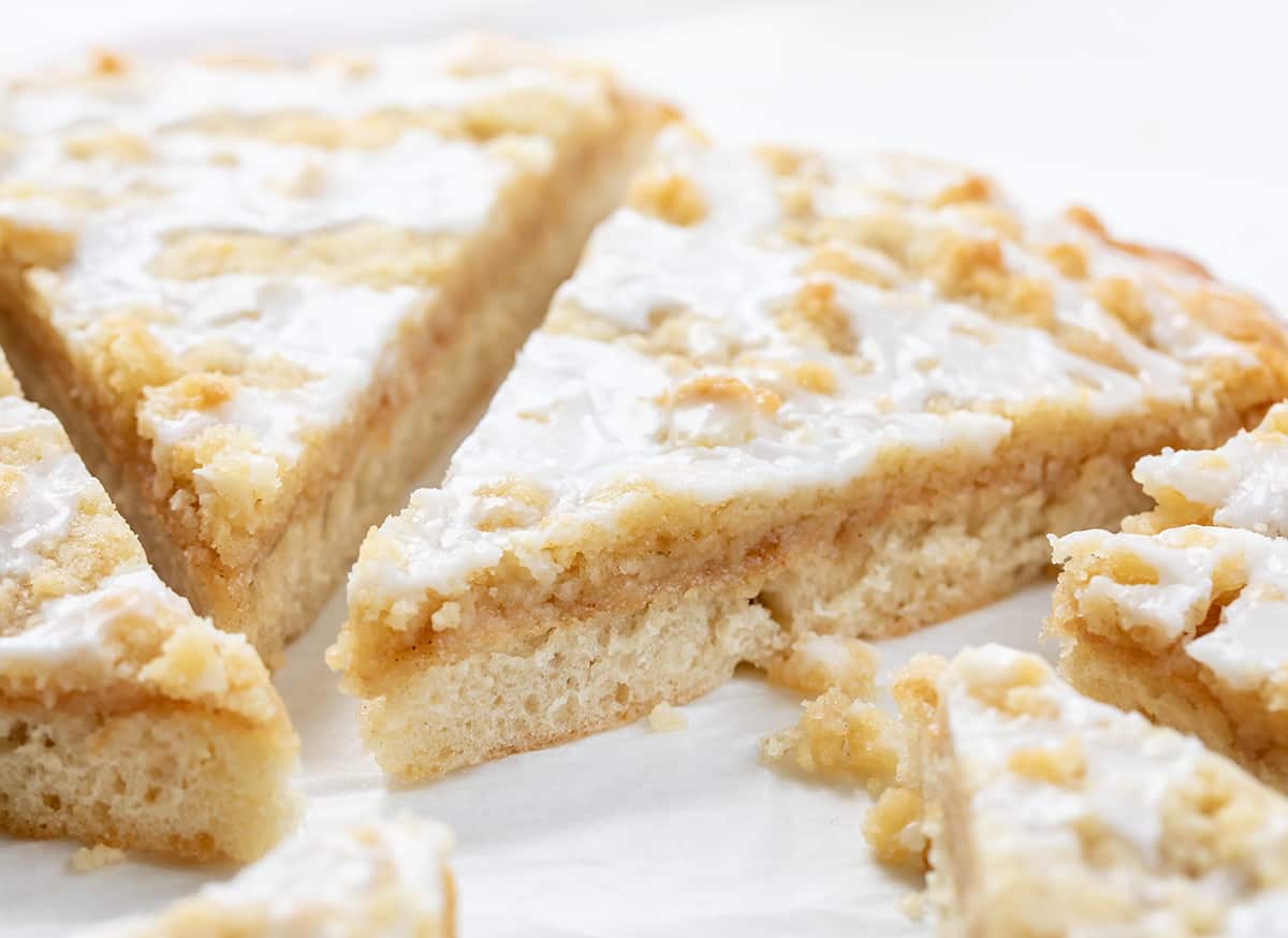 Close up of Cactus Bread Dessert Pizza Showing Soft Crumble Cinnamon Butter and Glaze.