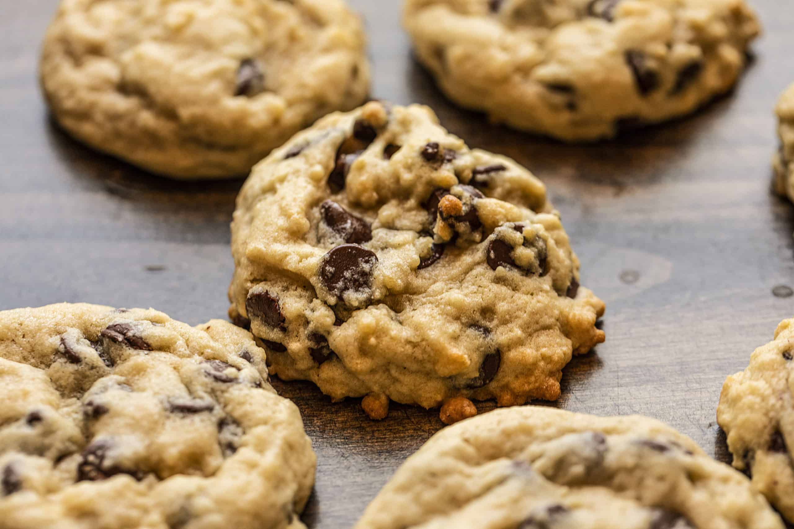 Use your sourdough starter discard to make these Sourdough Chocolate Chip Cookies as cake-like or as chewy as you prefer! sourdough chocolate chip cookies, chocolate chip cookies recipe, sourdough starter, how to make sourdough chocolate chip cookies, iambaker, i am baker, cookies, desserts Close up of Chocolate Chip Loaded Sourdough Chocolate Chip Cookie on Wood Surface