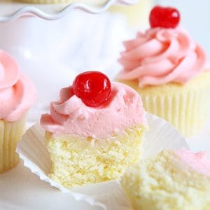 Cherry Limeade Cupcake! Delicate lime cupcake with sweet Maraschino cherry frosting!