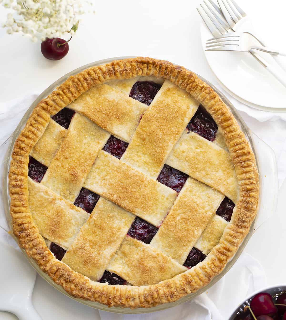 Overhead of a Cherry Pie with Lattice Crust. Cherry Pie, Homemade Pie, Real Homemade Cherry Pie, How to Make Cherry Pie Filling, Best Homemade Pie Crust, Old Fashioned Cherry Pie, The Best Cherry Pie, Baking, Dessert, Christmas Pie, Thanksgiving Pie, Easy Cherry Pie, i am baker, iambaker