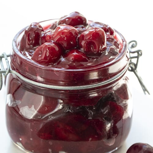 Jar of Cherry Pie Filling on White Counter. Cherry Pie Filling, Sweet Cherries, How to Pit Cherries, Cherry Desserts, Dessert, Pie Filling. Homemade Cherry Pie Filling, From Scratch Cherry Pie Filling, Cherry Pie, i am baker, iambaker