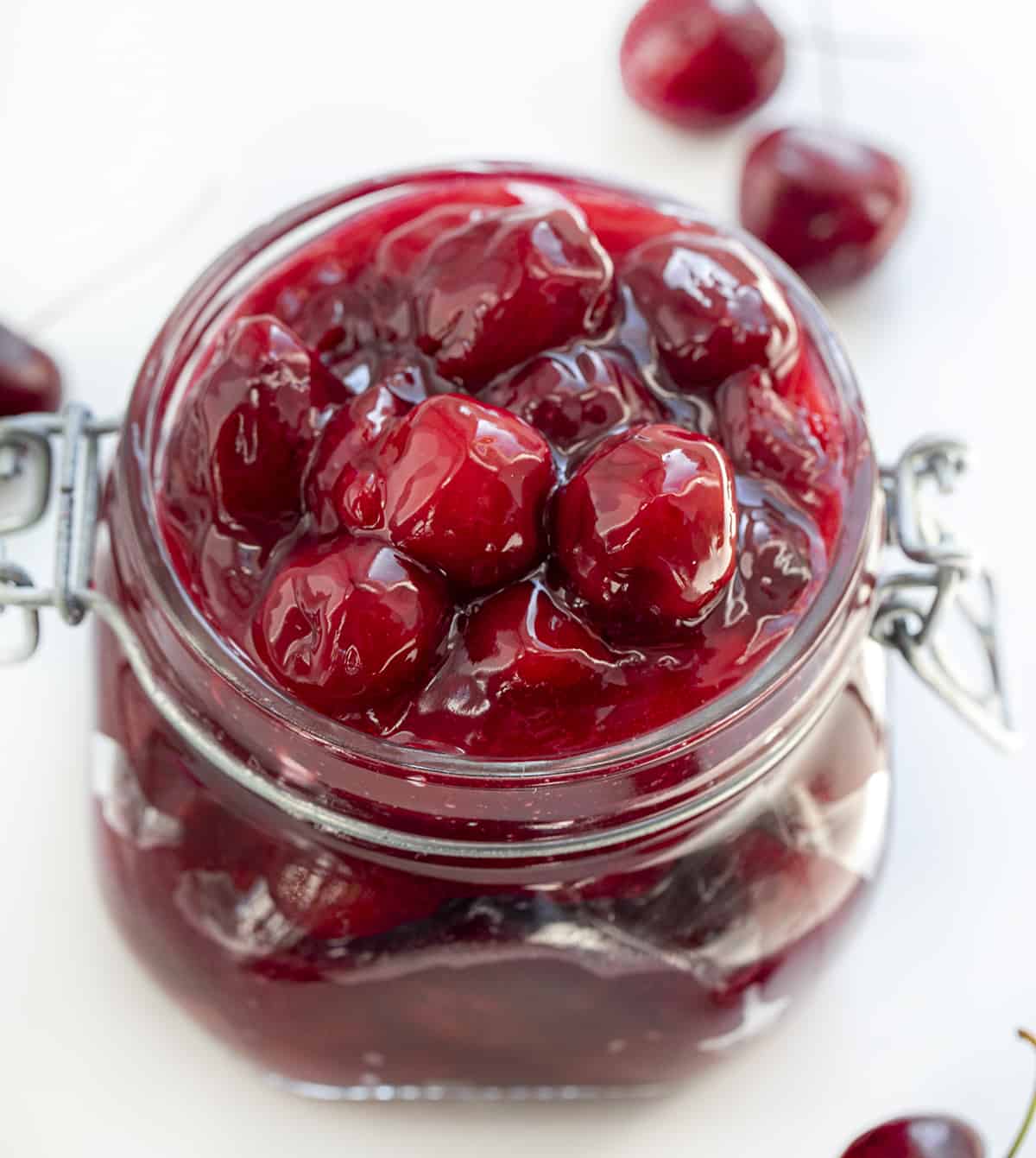 Jar of Cherry Pie Filling on White Counter. Cherry Pie Filling, Sweet Cherries, How to Pit Cherries, Cherry Desserts, Dessert, Pie Filling. Homemade Cherry Pie Filling, From Scratch Cherry Pie Filling, Cherry Pie, i am baker, iambaker