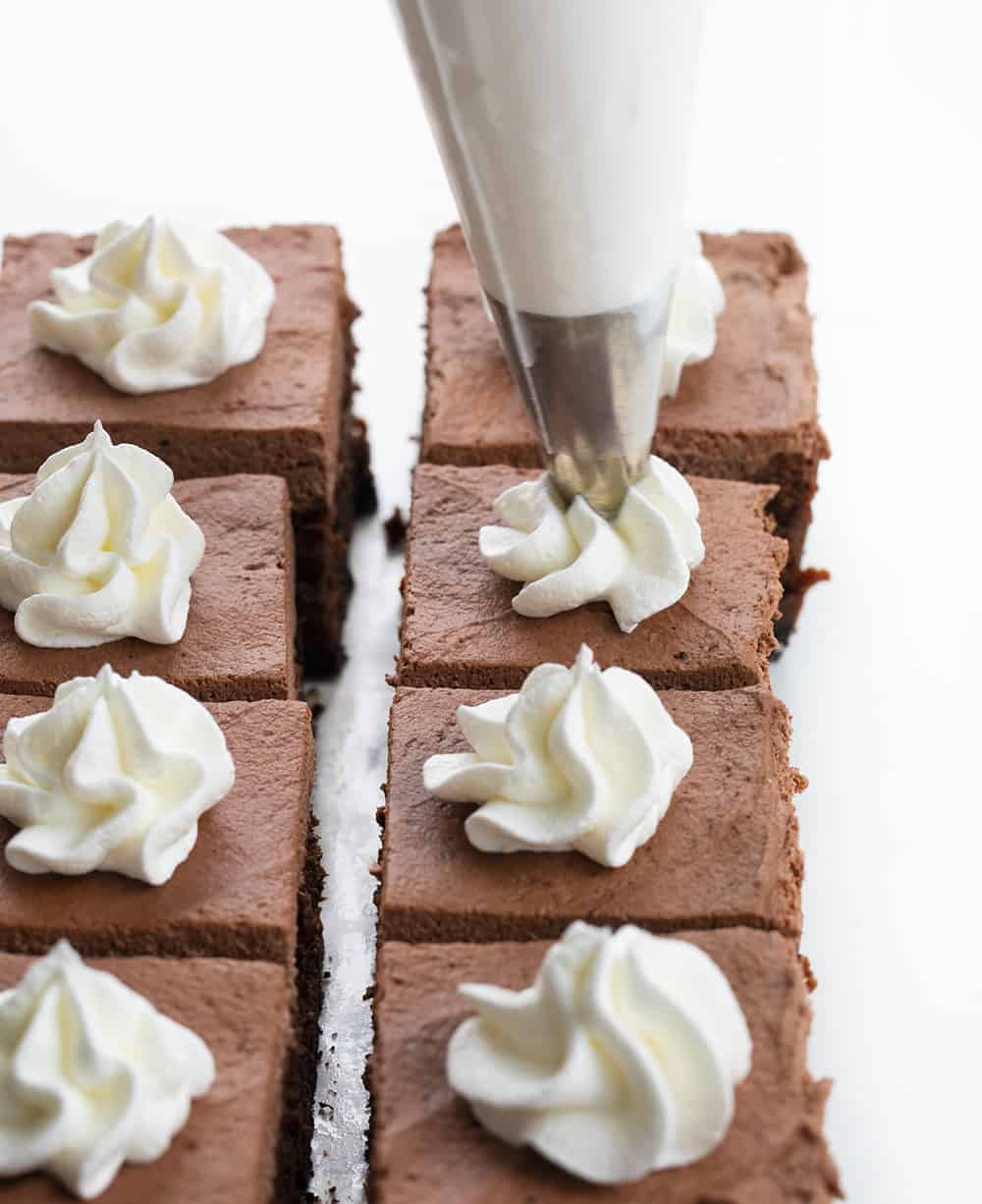 Adding Whipped Cream Dollops onto Chocolate Cheesecake Bars