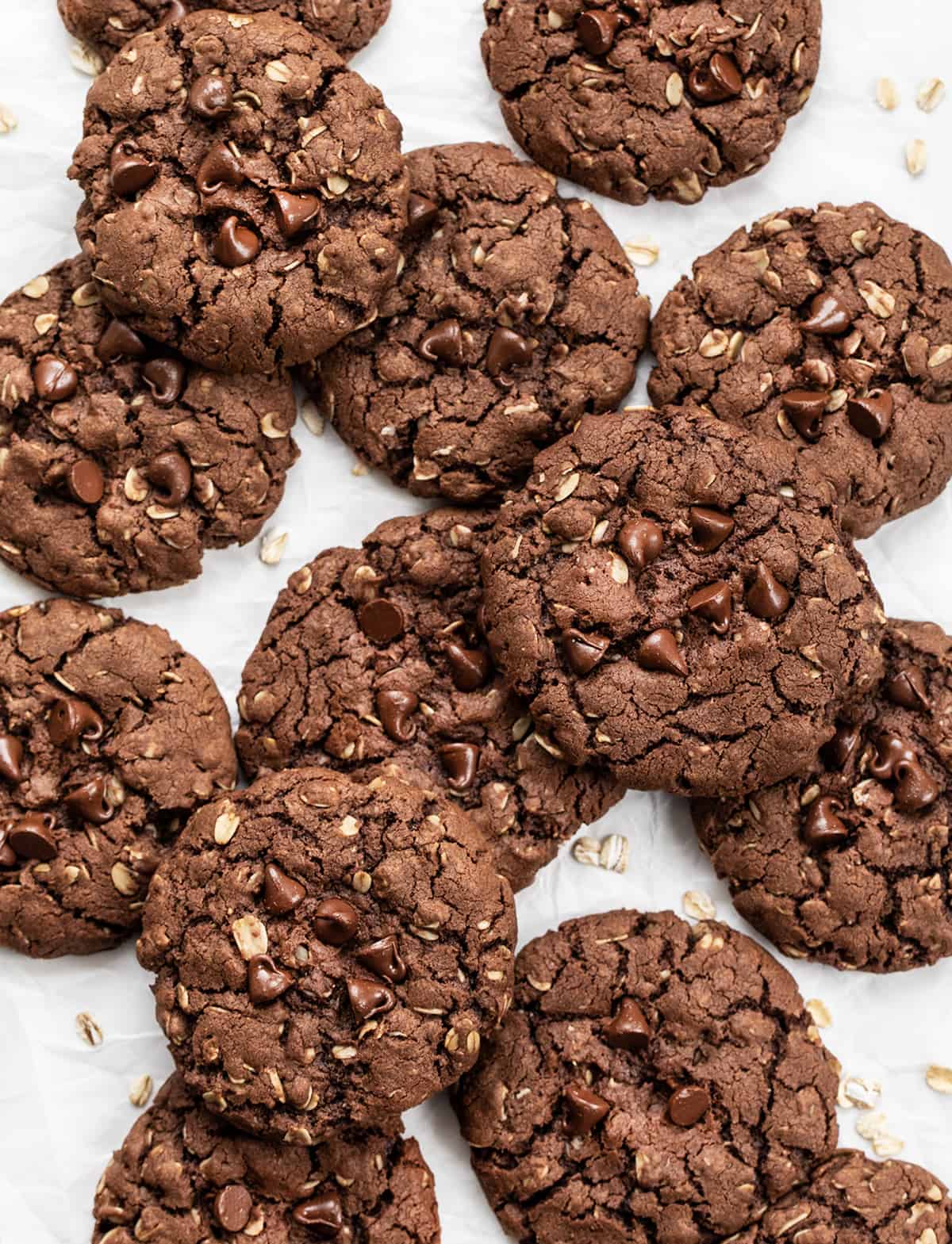 Overhead of Chocolate Oatmeal Cookies on a White Counter. 