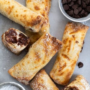 Chocolate Chip Cheesecake Egg Rolls from OVerhead. Dessert, Air Fryer Dessert, Frying Dessert, Baked Dessert, Chocolate Chip Cheesecake, Egg Rolls, Snacks, Air Fryer Recipes, Cheesecake, Chocolate, i am baker, iambaker