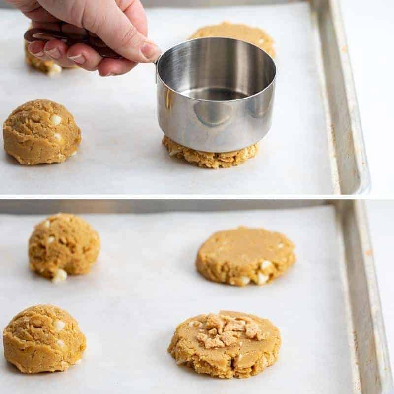 Making Cinnamon Toast Crunch Cookie, Flattening Out Dough Balls and then Sprinkling with Cereal on Top.