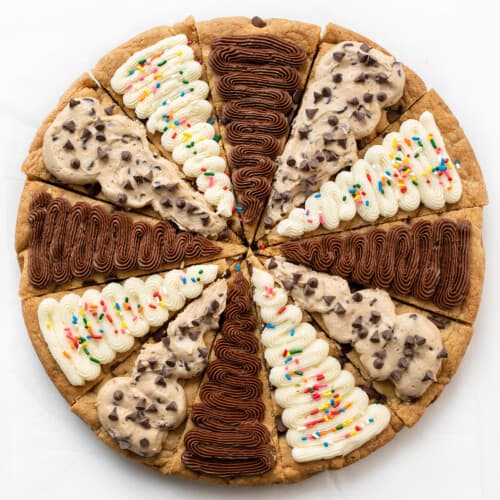 Cookie Cake for a Crowd with Chocolate Frosting, Vanilla Frosting, and Cookie Dough Frosting.