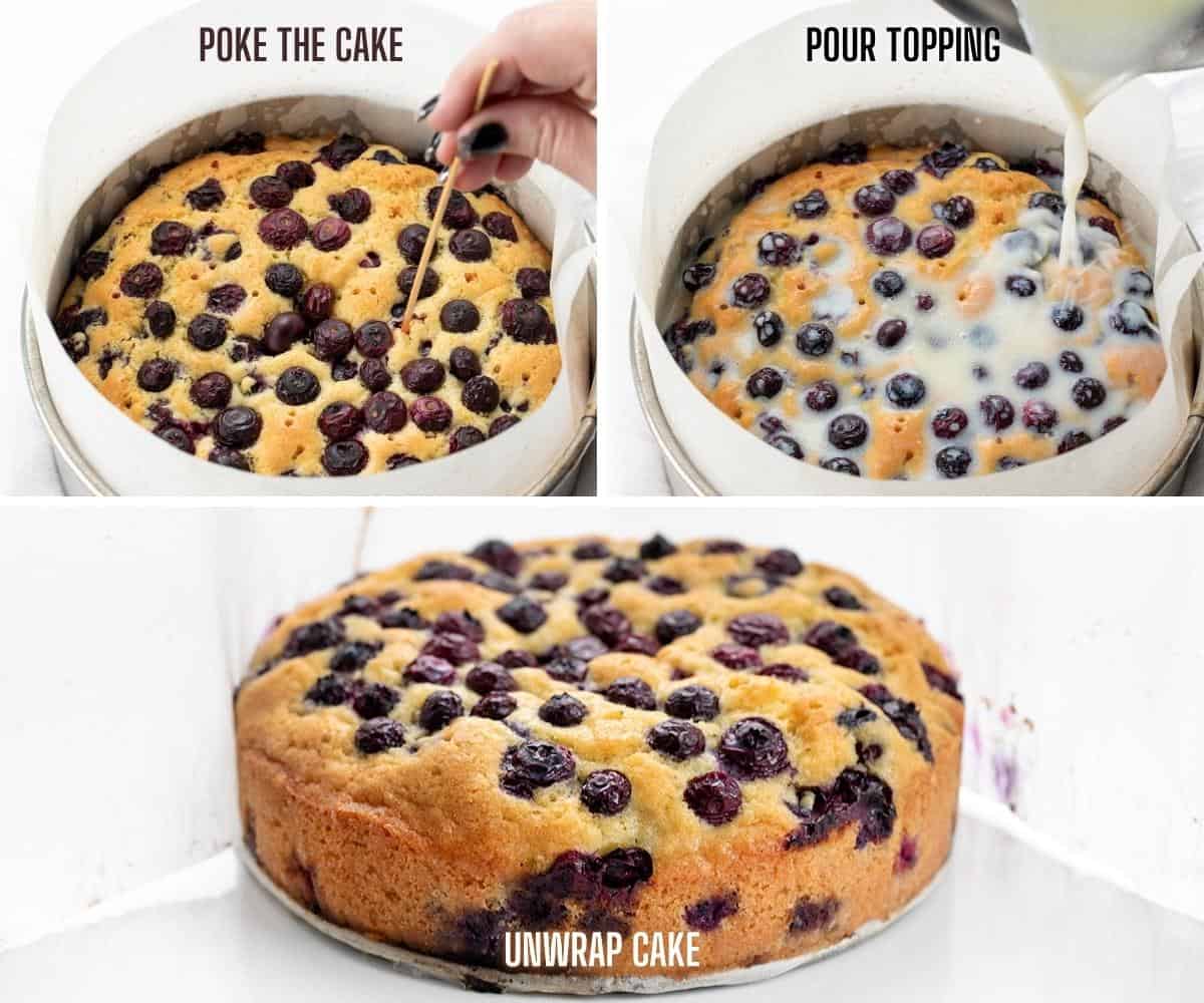 Blueberry Breakfast Cake is loaded with fresh blueberries, baked, and poked with holes to be saturated with a warm sugary milk mixture for a super moist and rich cake. Then, it's dusted with confectioners' sugar. This type of cake, known as a poke cake, is the perfect way to add flavor and extra moisture to each bite. And, don't save this cake just for breakfast; it is also a delicious snack or dessert. Poking Holes, Pouring Topping, and Unwrapping a Blueberry Breakfast Cake.