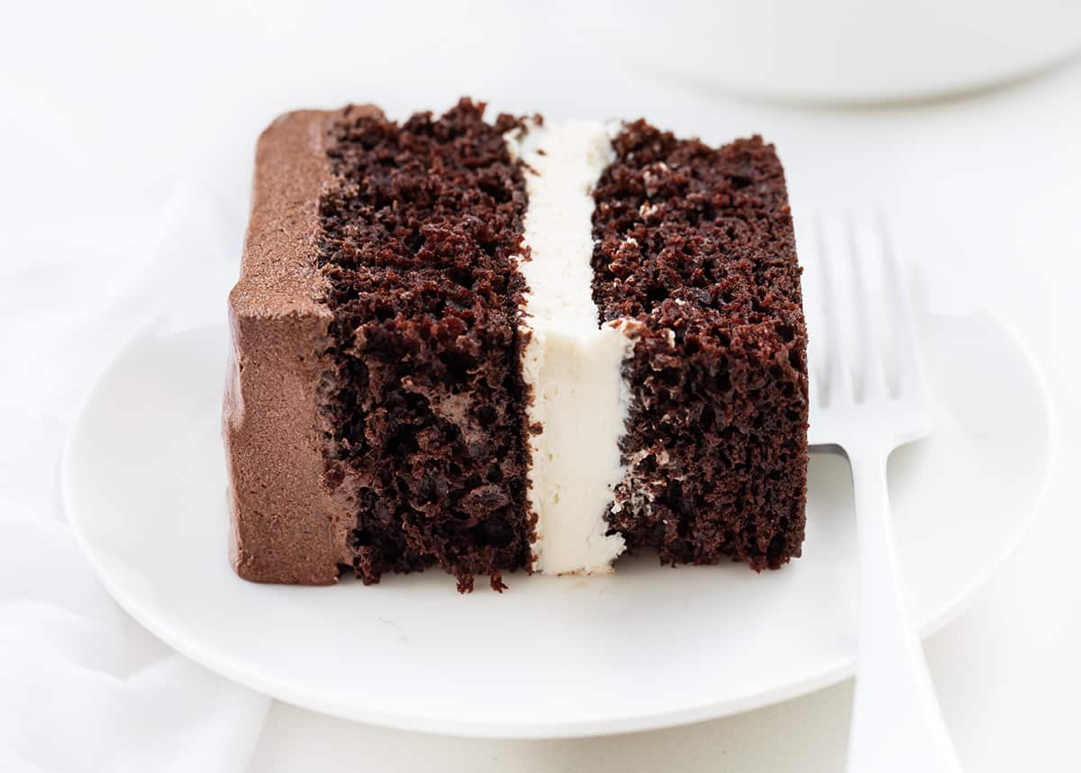 Piece of Ding Dong Sheet Cake on a White Plate on its Side with a White Fork.