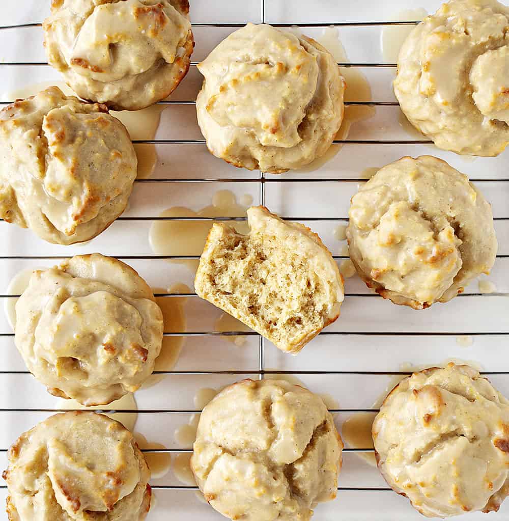 Overhead View of Old Fashioned Pumpkin Spice Donut Muffins with one broke open