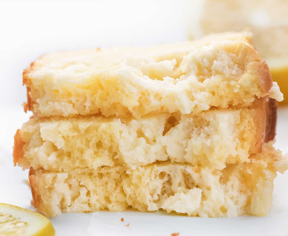 Stacked Slices of Lemon Cream Cheese Loaf.