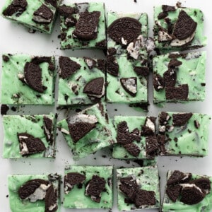 A batch of Mint Oreo Fudge Cut Into Pieces.