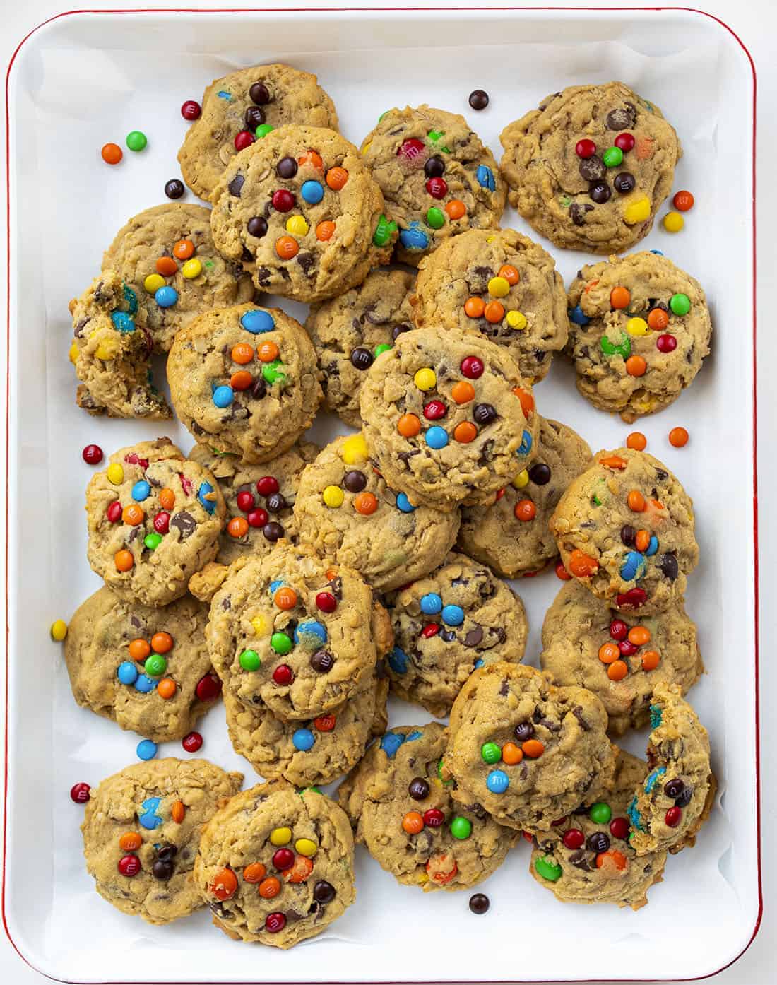 Overhead Tray of Soft Batch Monster Cookies