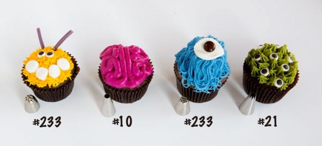 Monster Cupcakes with decorating tips used for each cupcake.