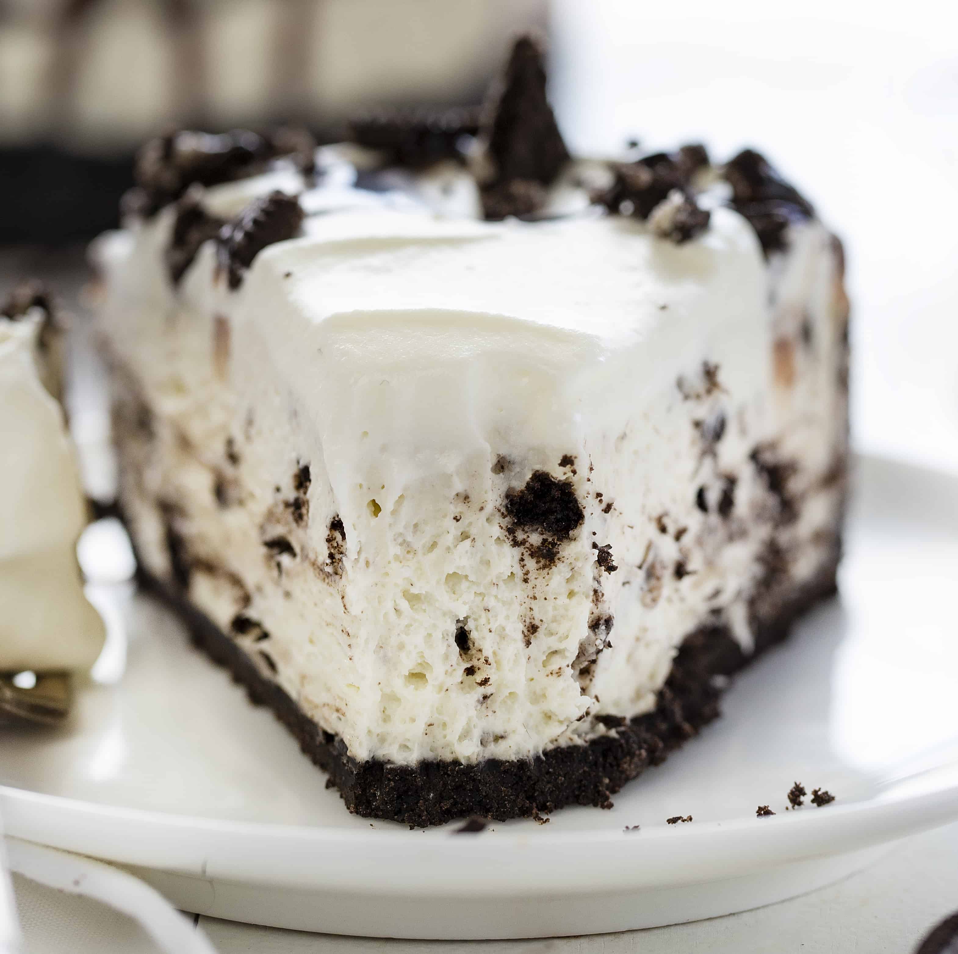 Easy No Bake Oreo Cheesecake Very Close Up Showing Interior Texture