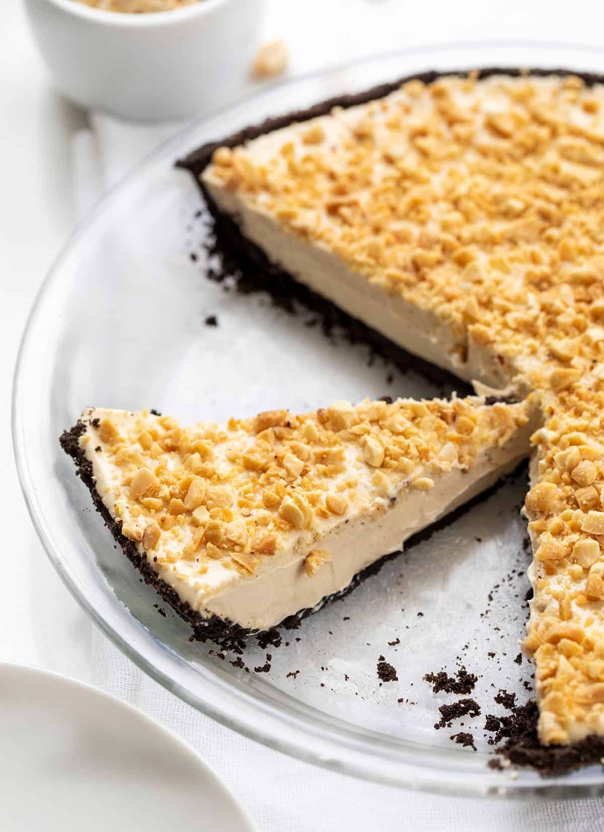 Piece of Easy Peanut Butter Pie Still in Pie Dish.