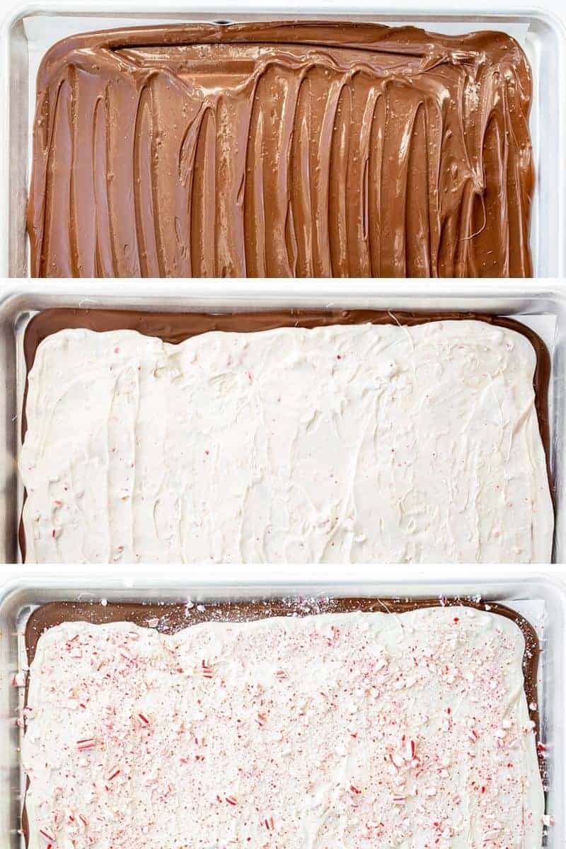 Peppermint Bark is a no-bake candy treat with a milk chocolate peppermint layer topped with a white chocolate peppermint candy cane mixture with more crushed candy canes on top. Holidays, Chocolate Bark, How to Make Bark, Easy Peppermint Bark. Williams Sonoma Peppermint Bark, Christmas Dessert, No Bake Dessert, New Years Ever Dessert, chocolate, chocolate recipes, i am baker, iambaker Layers of Building Peppermint Bark with Chocolate
