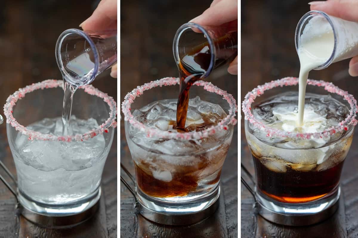 Adding Liquors to a Glass to Make Peppermint White Russian.