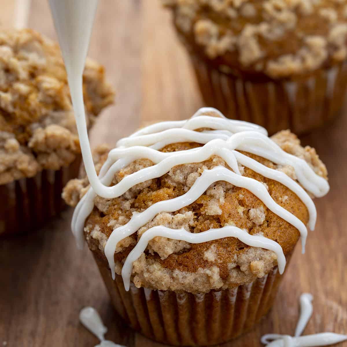 Adding Glaze to Pumpkin Streusel Muffin. Breakfast, Muffins, Baking, Breakfast Muffins, Fall Baking, Pumpkin Recipes, Pumpkin Spice Muffins, Maple Glaze, Dessert, Best Muffin Recipes, Big Top Muffins, Big Muffins, i am baker, iambaker