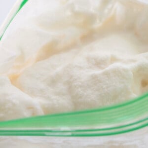 Close up of Soft Serve Ice Cream in a Plastic Bag After Shaking it in a Salt and Ice Bag.