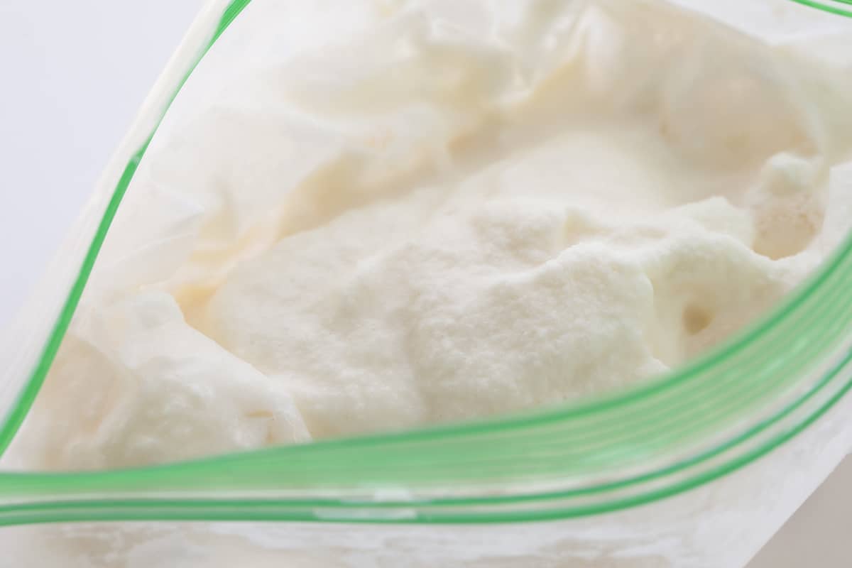 Close up of Soft Serve Ice Cream in a Plastic Bag After Shaking it in a Salt and Ice Bag.