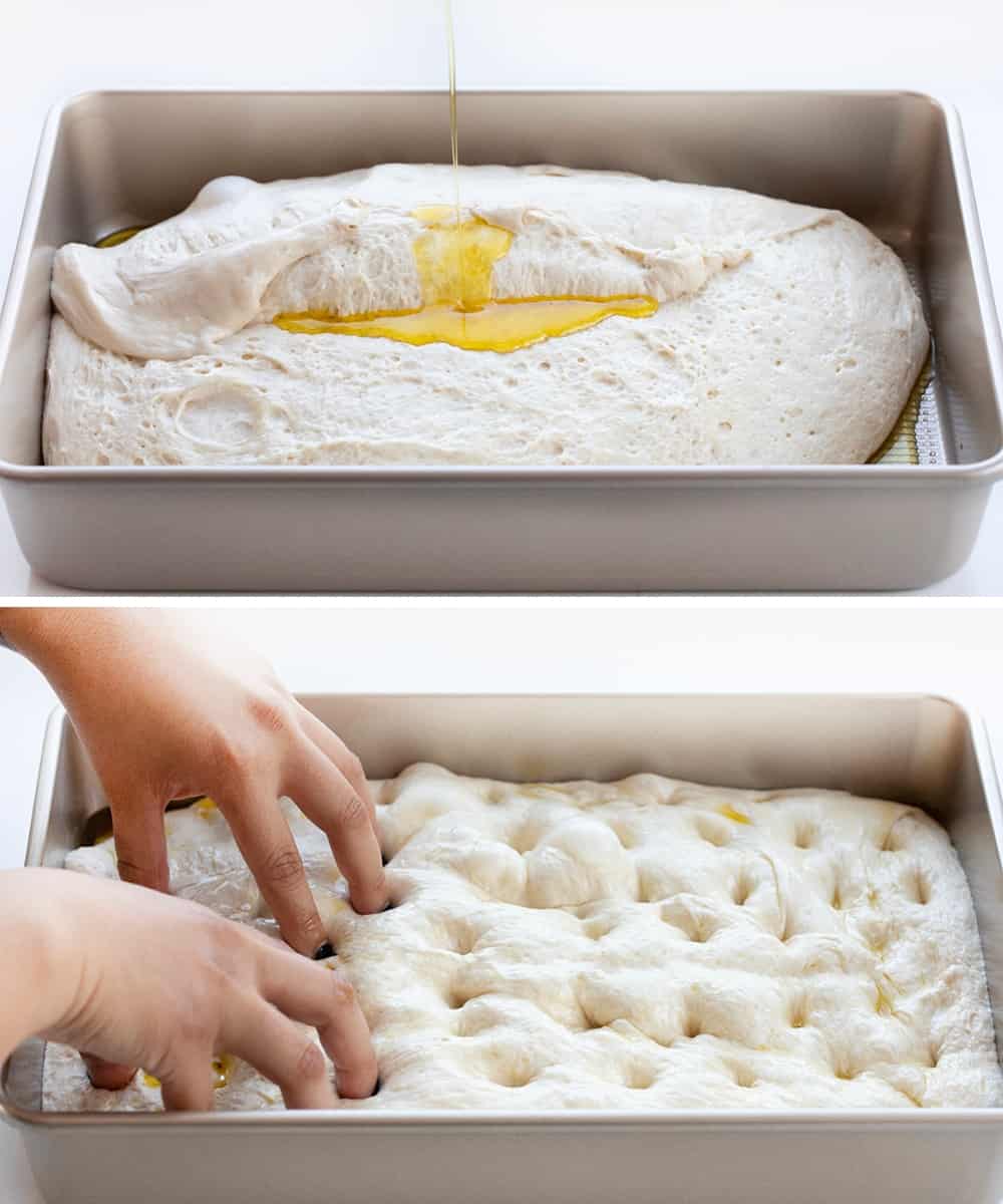 Adding Sourdough Focaccia Dough to a Pan and Adding Oil then Dimpling.