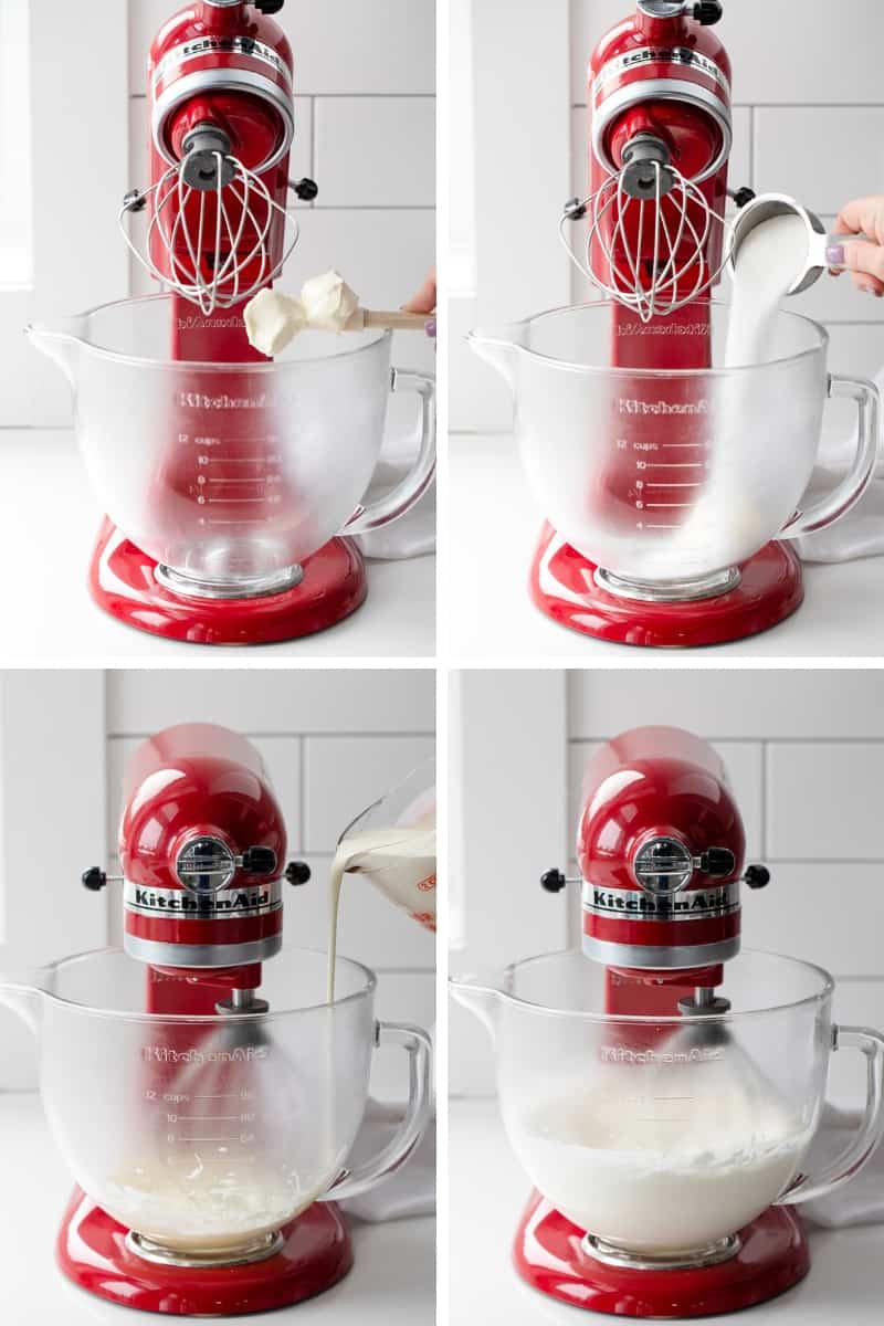 Stabilized Whipped Cream is a versatile ingredient that can be used in many types of desserts from frosting to filling to a topping. It tastes like homemade whipped cream (delicious!), it holds its shape beautifully, and it lasts for days! This just might be my new favorite addition to all my favorite desserts Steps for showing how to Make Stabilized Whipped Cream with Chilled Bowl on Mixer.