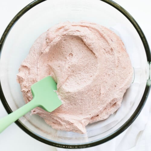 Strawberry Ermine Frosting in the Mixer Bowl.