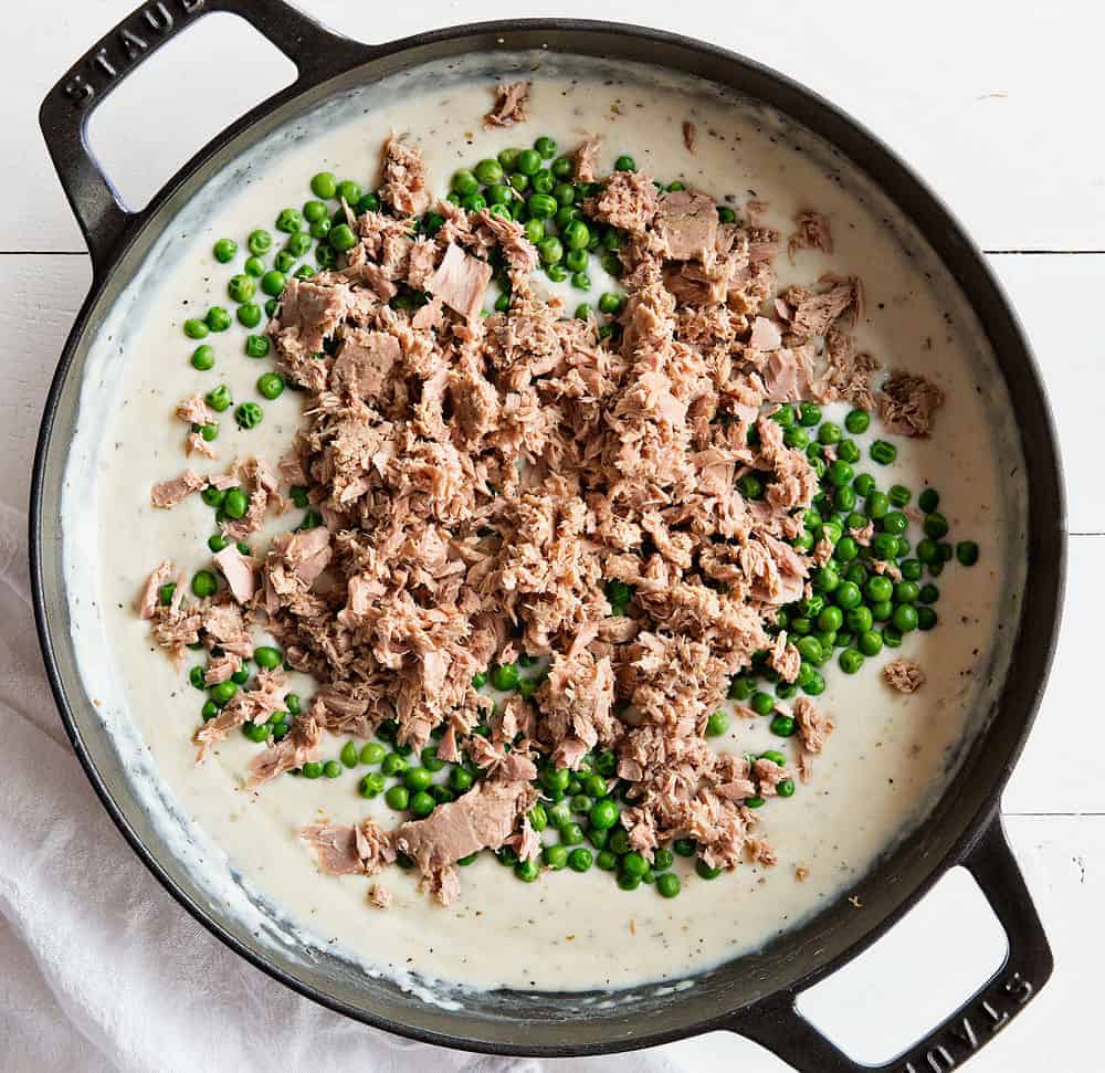 A perfect tuna casserole recipe with all the traditional fixins... this casserole is timeless! tuna casserole, tuna casserole recipe, tuna noodle casserole, iambaker, i am baker, dinner, recipes, casserole recipes, tuna recipes Tuna Casserole in a Skillet Before Baking