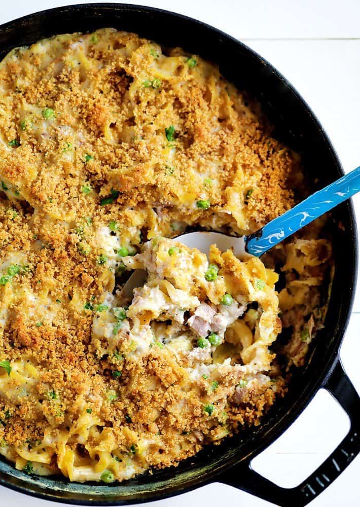 A perfect tuna casserole recipe with all the traditional fixins... this casserole is timeless! tuna casserole, tuna casserole recipe, tuna noodle casserole, iambaker, i am baker, dinner, recipes, casserole recipes, tuna recipes Noodle Tuna Casserole Baked in a SKillet with Spoon