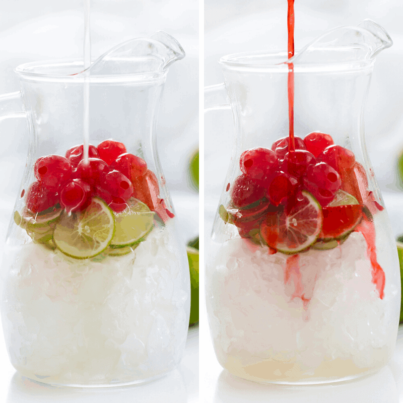 Pouring Fresh Lime Juice and then Cherry Juice into Cherry Limeade Drink