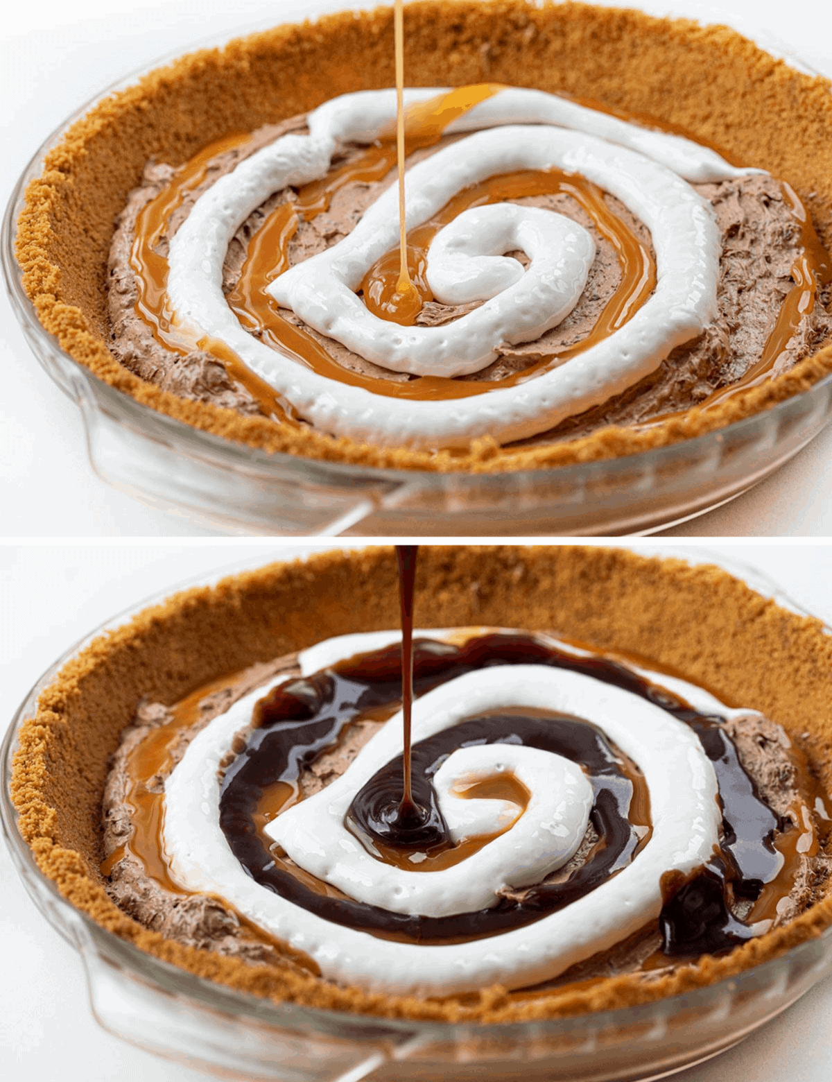 Adding Caramel and then Hot Fudge to Chocolate Caramel Cheesecake Pie Crust