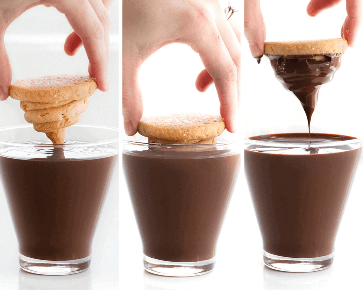 Dipping Cookies into Chocolate for Peanut Butter Hi Hat Cookies