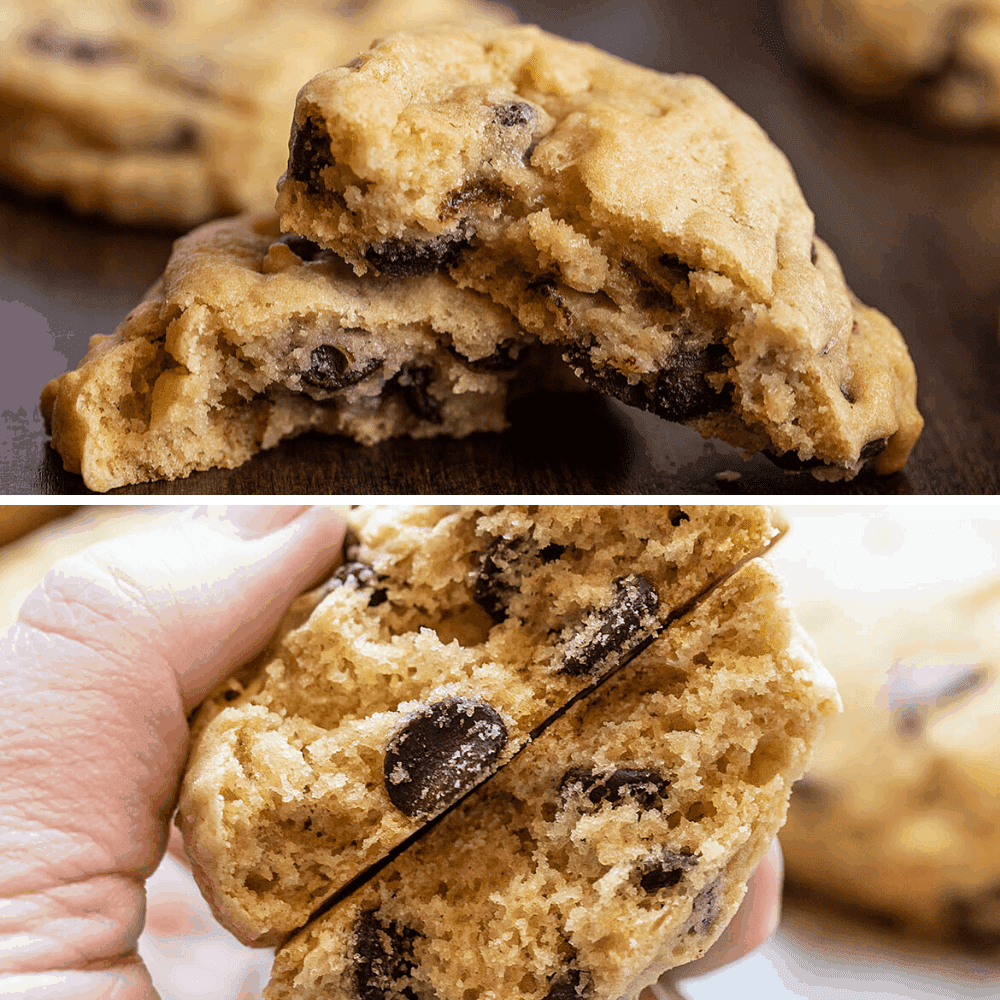 Use your sourdough starter discard to make these Sourdough Chocolate Chip Cookies as cake-like or as chewy as you prefer! sourdough chocolate chip cookies, chocolate chip cookies recipe, sourdough starter, how to make sourdough chocolate chip cookies, iambaker, i am baker, cookies, desserts Top and bottom comparison of Chewy and Cake-Like Sourdough Chocolate Chip Cookies