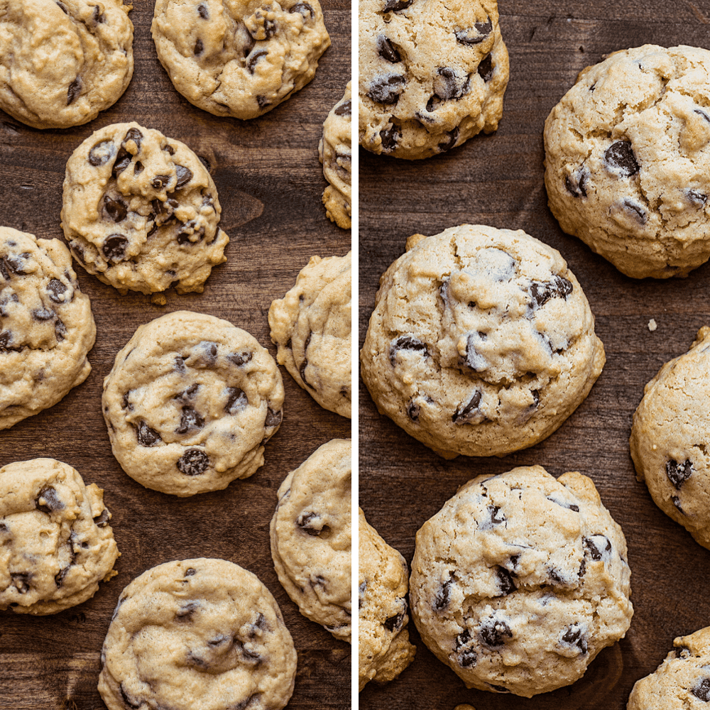 Use your sourdough starter discard to make these Sourdough Chocolate Chip Cookies as cake-like or as chewy as you prefer! sourdough chocolate chip cookies, chocolate chip cookies recipe, sourdough starter, how to make sourdough chocolate chip cookies, iambaker, i am baker, cookies, desserts Side by Side of Chewy and Cake-Like Sourdough Chocolate Chip Cookies